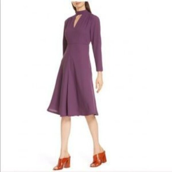 Lewit Keyhole Neck Tie A Line Midi Dress Purple 6 business party cocktail preppy - Picture 1 of 8